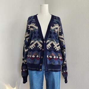 Vintage JT Beckett Navy Blue Southwestern Geometric Knit Button Up Cardigan XXL